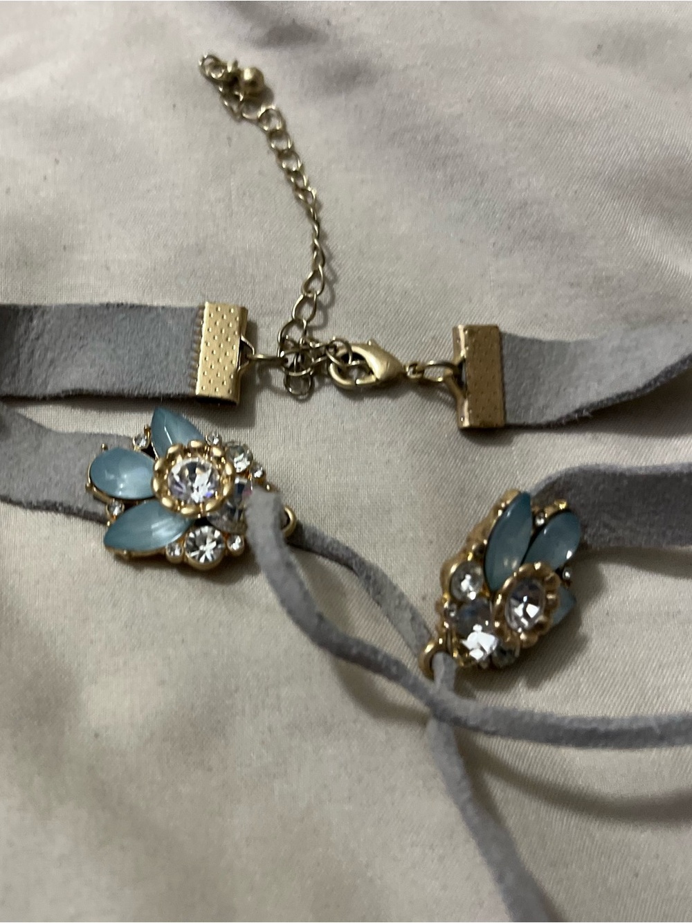 Gold & Blue Crystal Suede Choker Necklace